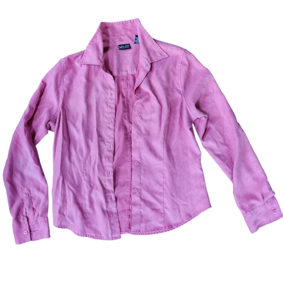 Tops - NY & Co. Faux Suede Button Up Long Sleeve Top in Barbie Pink Sz L